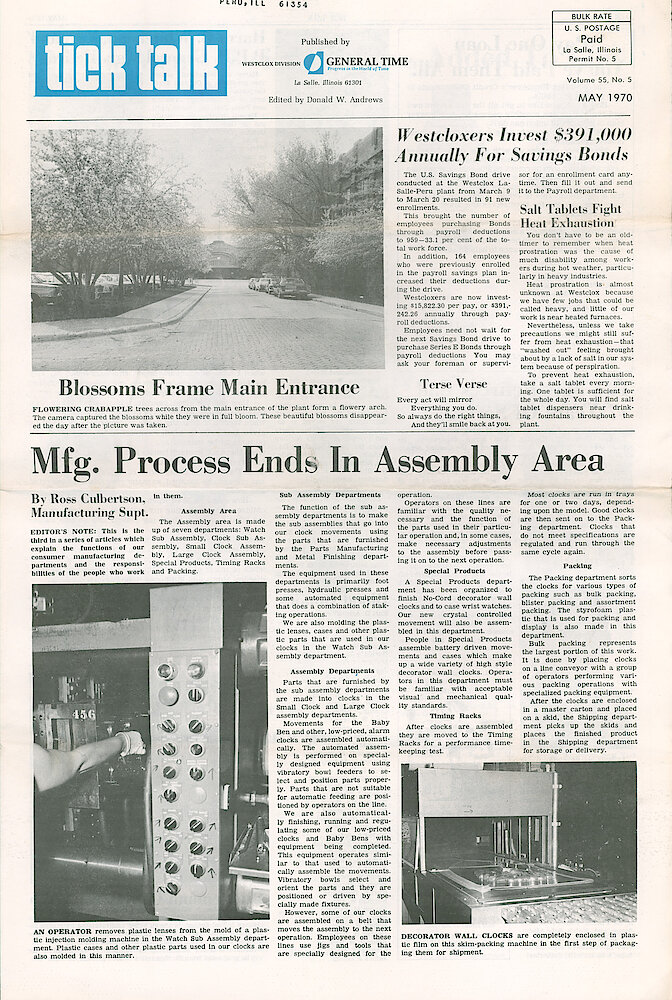 Westclox Tick Talk May 1970 Vol. 55 No. 5 > 1. Manufacturing: "Mfg. Process Ends In Assembly Area" Sub Assembly Departments, Assembly Departments, Special Products, Timing Racks, Packing.