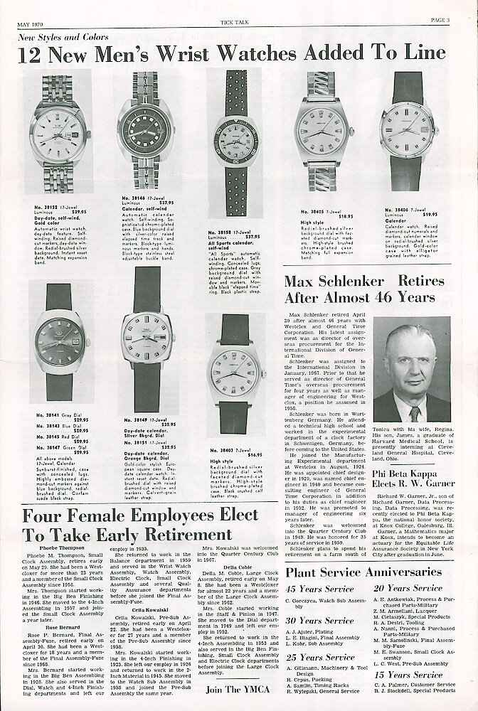 Westclox Tick Talk May 1970 Vol. 55 No. 5 > 3. New Products: "12 New Men&039;s Wrist Watches Added To Line" 17 And 7 Jewel Models. PERSONNEL: "Max Schlenker Retires After Almost 46 Years" Grew Up In Germany, Started In Experimental Department In 1924, Became Chief Designer In 1929, Chief Engineer In 1940, Etc.