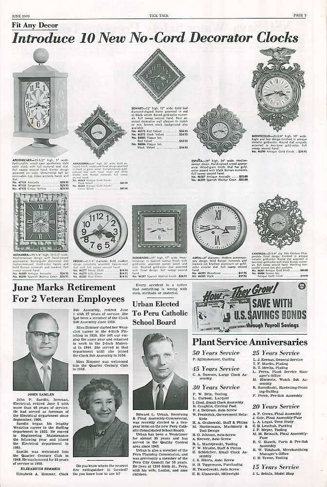 Westclox Tick Talk June 1970 Vol. 55 No. 6 > 3. New Models: "Introduce 10 New No-Cord Decorator Clocks" Apothecary, Alhambra, Alexandria, Frolic, Sonnet, Eldorado, España, Aspen, Monticello, Candella.