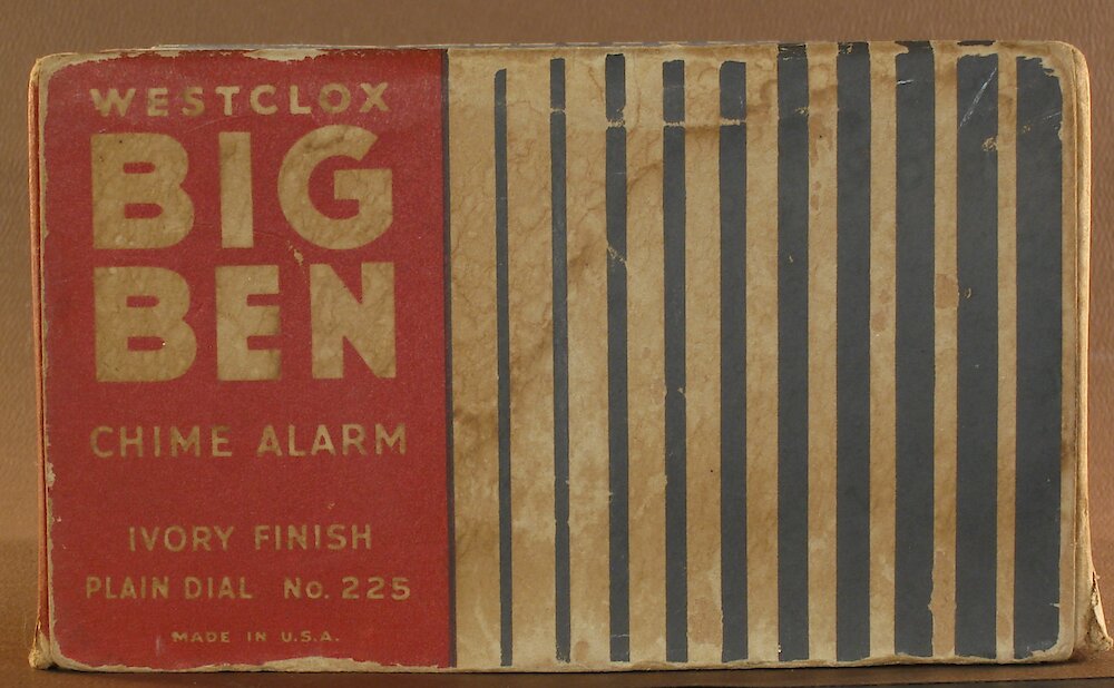 Westclox Big Ben Style 5 Chime Alarm Ivory Plain. This box is not original to this clock.