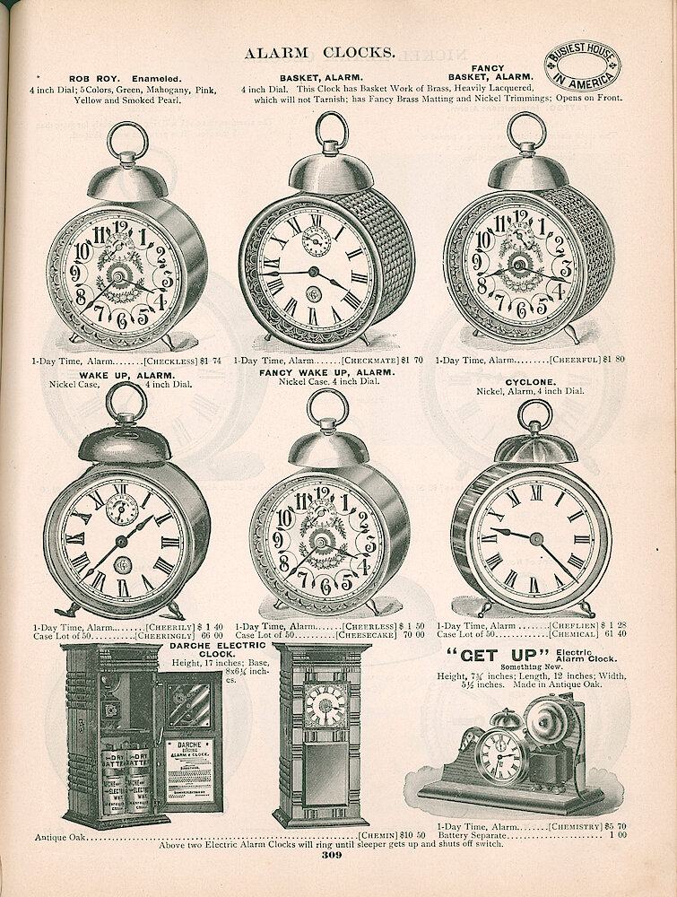 Busiest House in America Illustrated Catalog 1897 > 309. Rob Roy Alarm In 5 Colors (green, Mahogany, Pink, Yellow, Smoked Pearl), Basket Alarms, May Be Waterbury "Get Up" Electric Alarm, Two Alarms With CCCO Logo, Darche Electric Clock.