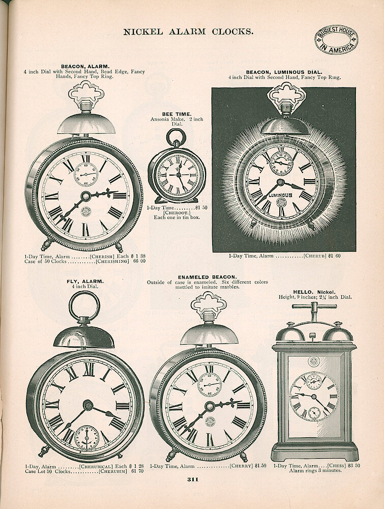 Busiest House in America Illustrated Catalog 1897 > 311. Also A Carriage Clock With Unidentified Logo.