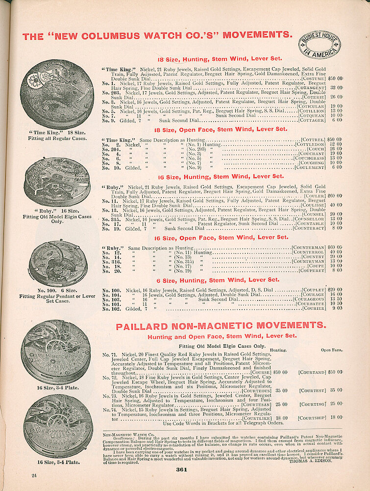 Busiest House in America Illustrated Catalog 1897 > 361. New Columbus And Paillard Non-Magnetic Watches