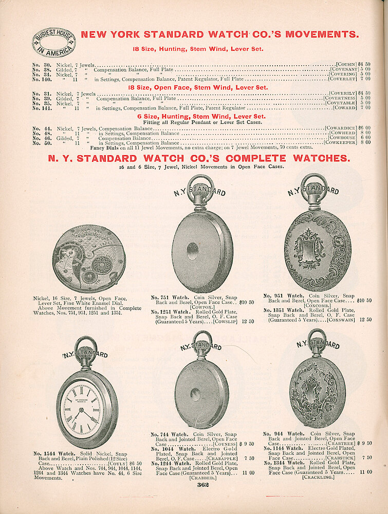 Busiest House in America Illustrated Catalog 1897 > 362. New York Standard Watches