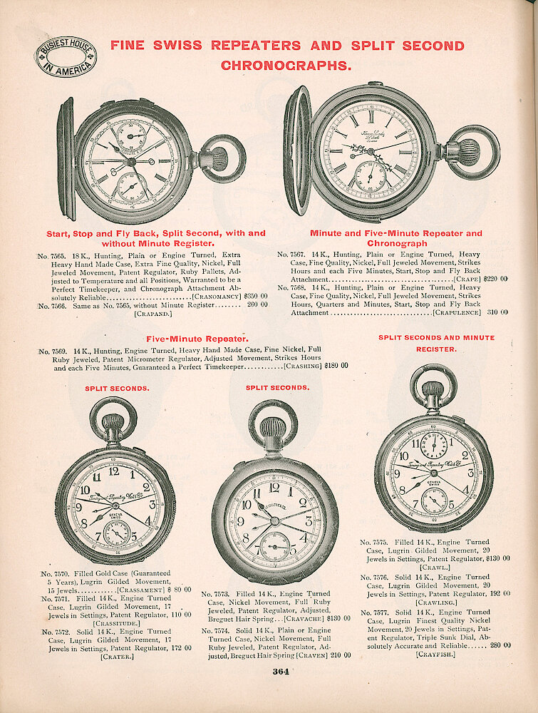 Busiest House in America Illustrated Catalog 1897 > 364. Fine Swiss Repeaters And Split Second Chronographs