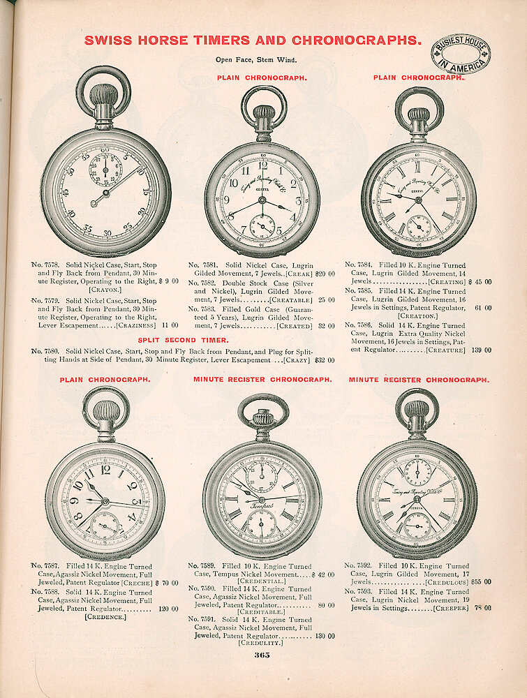 Busiest House in America Illustrated Catalog 1897 > 365. Swiss Horse Timers And Chronographs