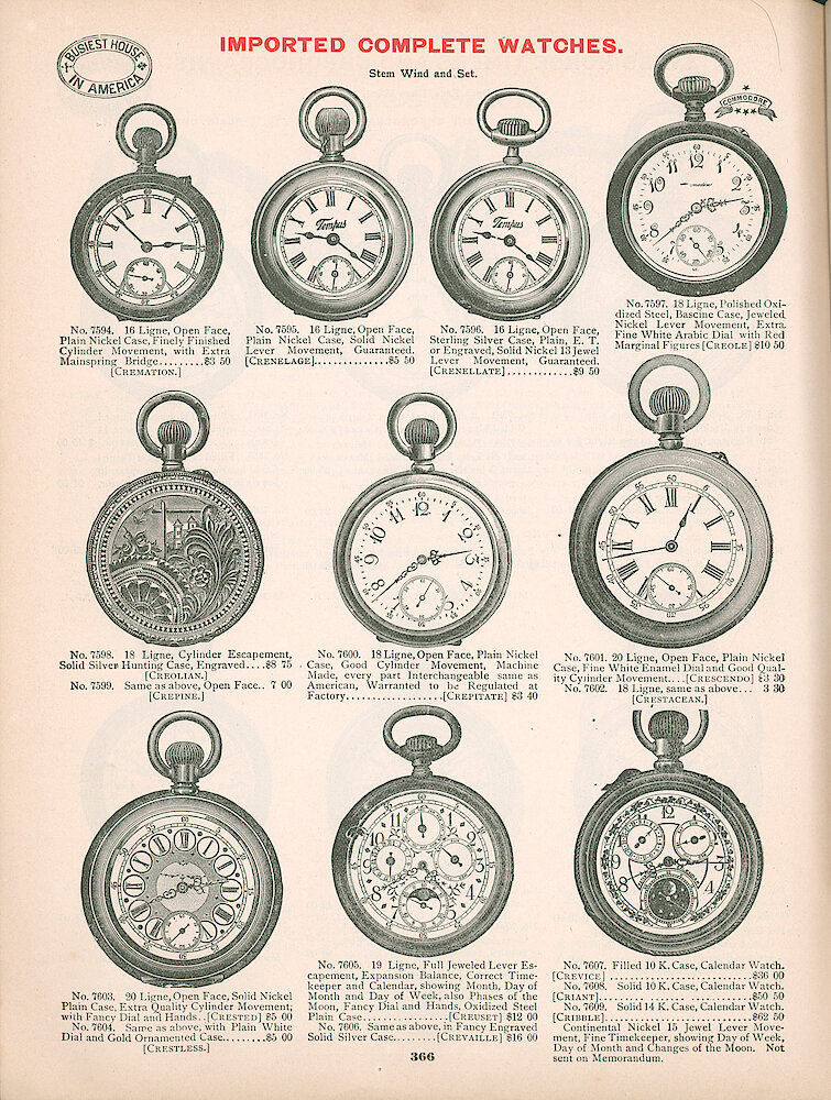 Busiest House in America Illustrated Catalog 1897 > 366. Imported Complete Watches