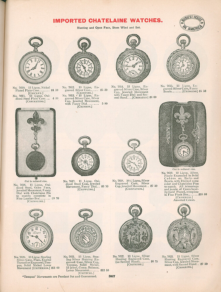 Busiest House in America Illustrated Catalog 1897 > 367. Imported Chatelaine Watches