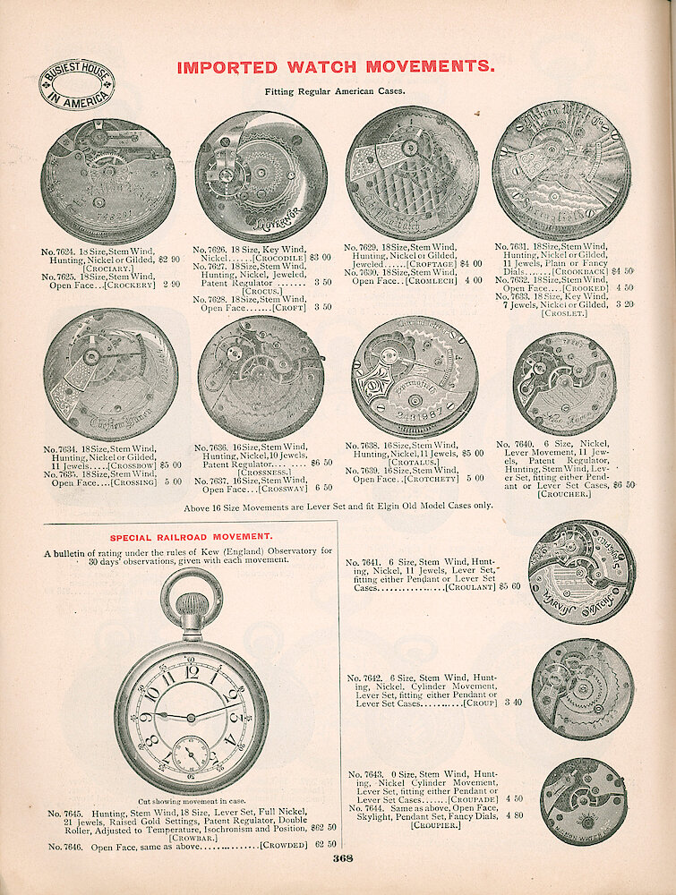 Busiest House in America Illustrated Catalog 1897 > 368. Imported Watch Movements And Special Railroad Movement In Case With Kew Observatory Rating, $62.50