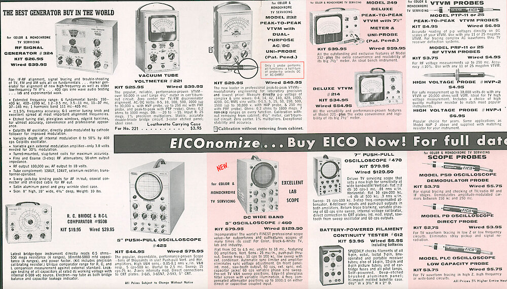 Eico 1958 Brochure > 4. Vacuum Tube Voltmeters, Signal Generators, Oscilloscopes And Probes. 612 Filament Tester.