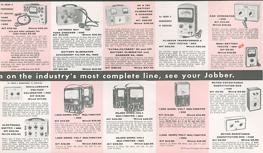Eico 1958 Brochure > 5. 625 Tube Tester, $630 CRT Checker, 1050 Battery Eliminator/charger, 544 Flyback And Yoke Tester, 352 Bar Generator, 495 Scope Voltage Calibrator, 488 Electronic Switch, Multimeters, Substitution Boxes.