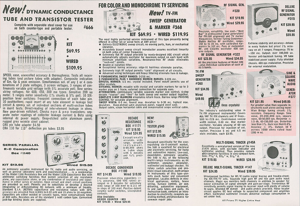 Eico 1958 Brochure > 6. 666 Tube Tester, Sweep And Signal Generators, Decade Boxes, Signal Tracers, 540 Readi-tester.