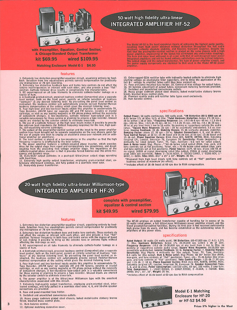 Eico 1958 Catalog, 16 pages > 3. HF-20 And HF-52 Integrated Amplifiers.