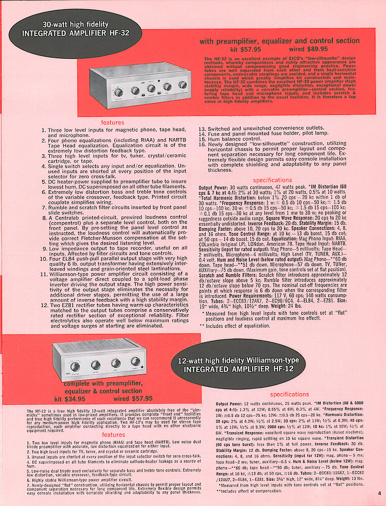 Eico 1958 Catalog, 16 pages > 4. HF-12 And HF-32 Integrated Amplifiers.