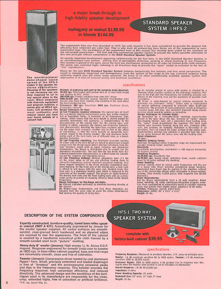 Eico 1958 Catalog, 16 pages > 5. HFS-1 Two-way Speaker And HFS-2 Omnidirectional Speaker With Conical Bass Horn.