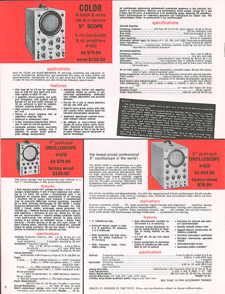 Eico 1958 Catalog, 16 pages > 7. Oscilloscopes 425, 460 And 470.