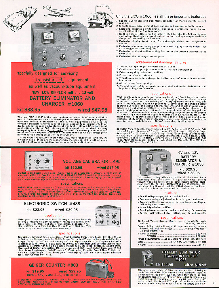 Eico 1958 Catalog, 16 pages > 8. Battery Eliminator And Chargers 1050 And 1060, Voltage Calibrator 495, Electronic Switch 488, Geiger Counter 803.
