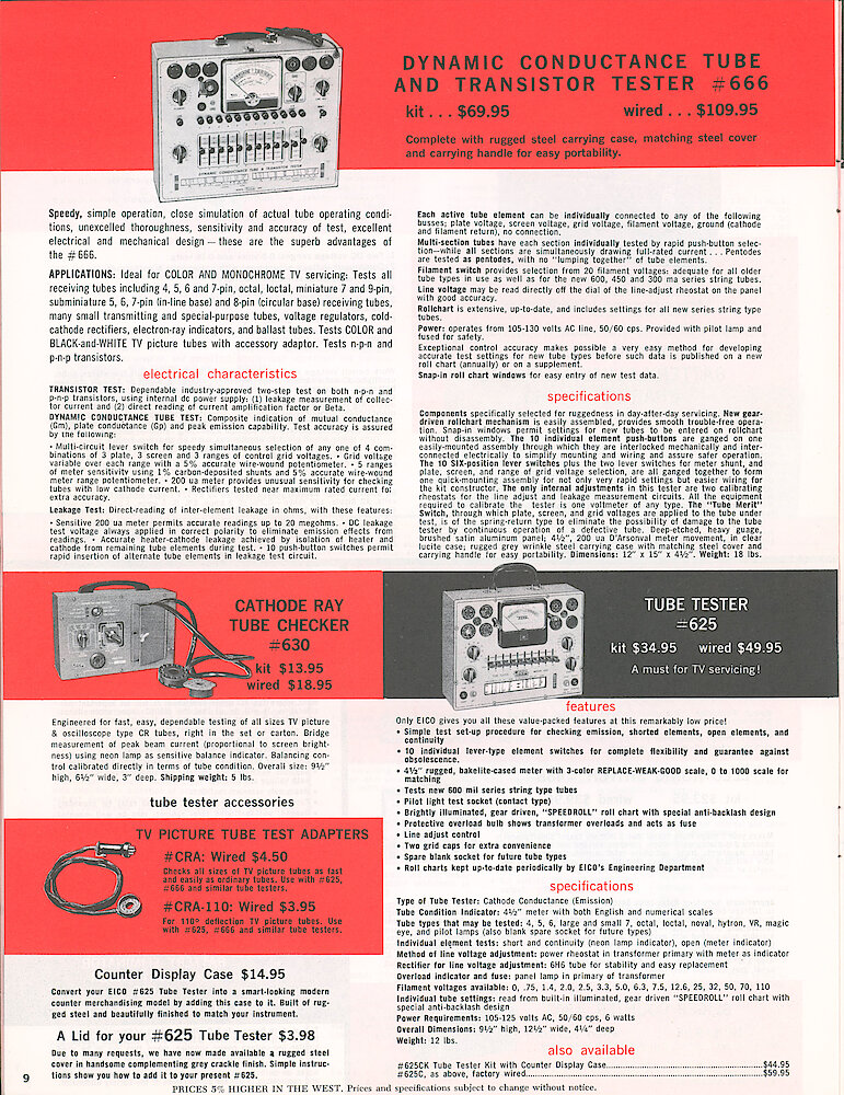Eico 1958 Catalog, 16 pages > 9. Tube Testers 625 And 666, CRT Checker 630, TV Picture Tube Test Adapters.