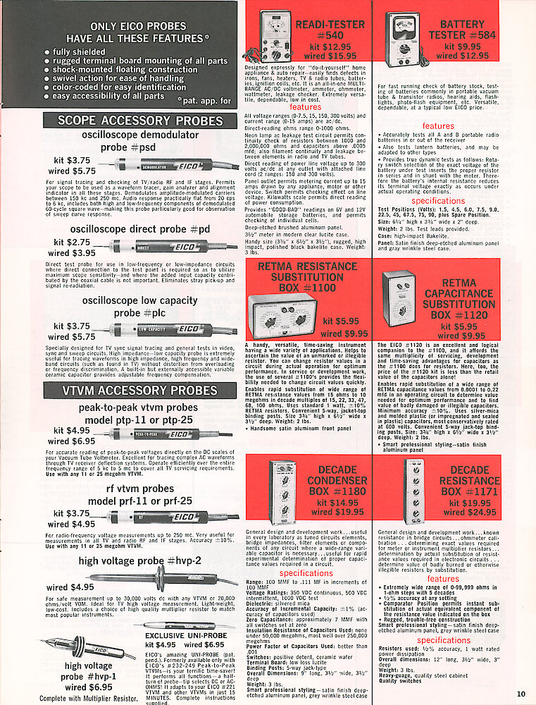 Eico 1958 Catalog, 16 pages > 10. Probes For Oscilloscopes And Vacuum Tube Voltmeters, Readi-tester, Battery Tester, Substitution And Decade Boxes.