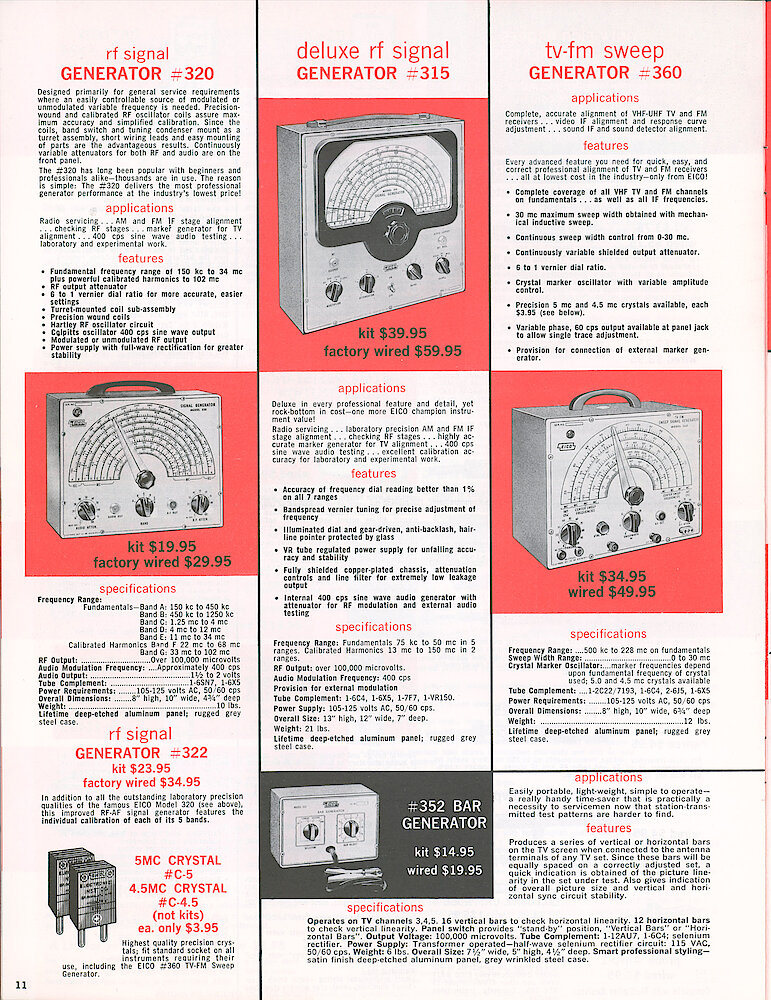 Eico 1958 Catalog, 16 pages > 11. RF Signal Generators 315, 320, 322, Sweep Generator 360, Bar Generator 352.