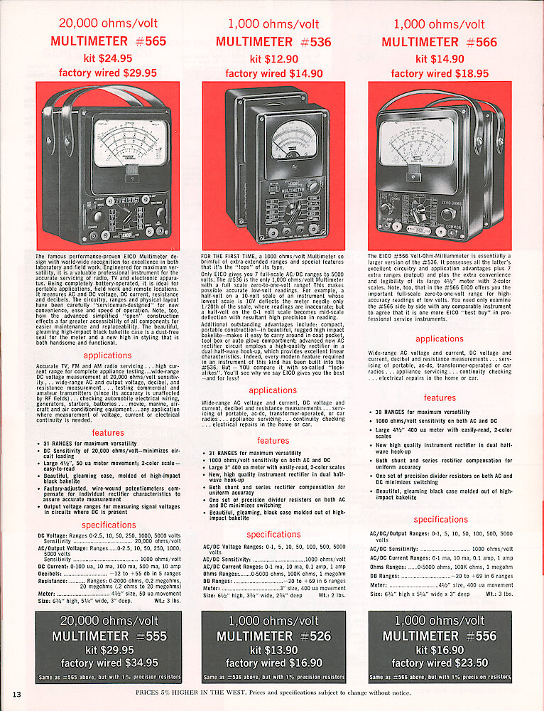 Eico 1958 Catalog, 16 pages > 13. Multimeters 535, 556, 566.