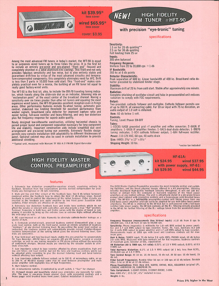 Eico 1958 Catalog, 16 pages > 1. HFT-90 FM Tuner, HF-61 And HF-61A Preamplifiers.
