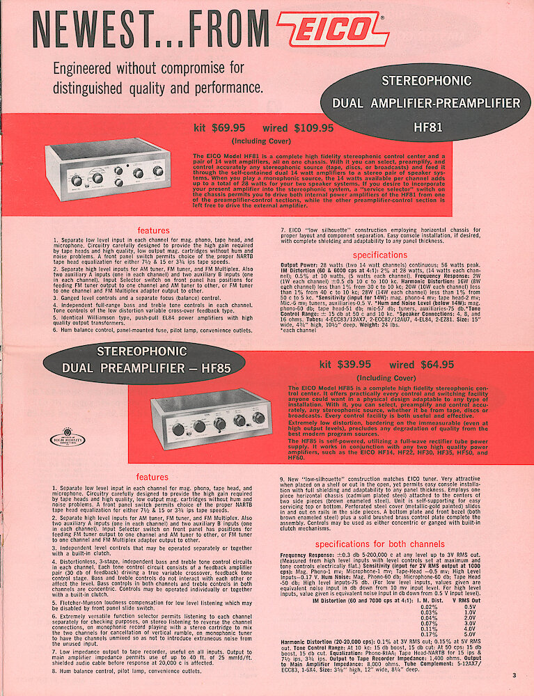 Eico 1958 Catalog, 20 pages > 3. HF-81 Integrated Amplifier And HF-85 Preamplifier