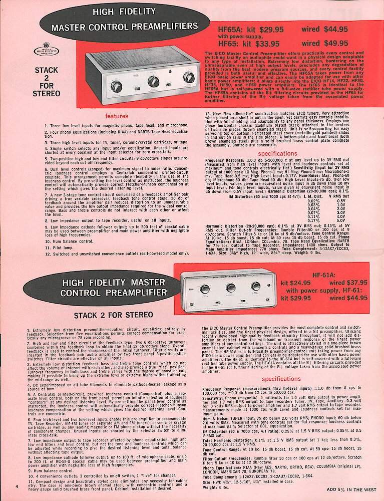 Eico 1958 Catalog, 20 pages > 4. Hf-61, Hf-65 And HF-65A Preamplifiers.
