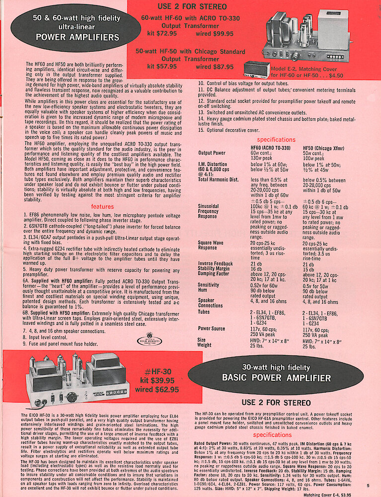 Eico 1958 Catalog, 20 pages > 5. HF-30, HF-50 And HF-60 Power Amplifiers.