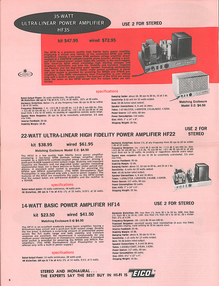 Eico 1958 Catalog, 20 pages > 6. HF-14, HF-22 And HF-35 Power Amplifiers.