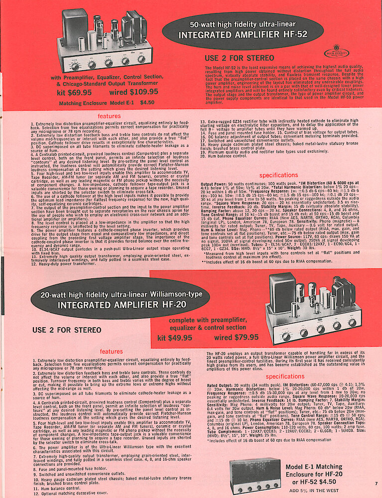 Eico 1958 Catalog, 20 pages > 7. HF-20 And HF-52 Integrated Amplifiers.