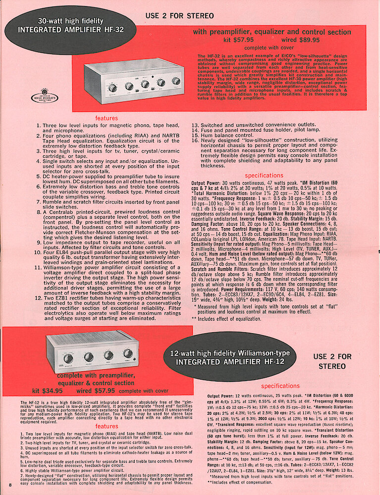 Eico 1958 Catalog, 20 pages > 8. HF-12 And HF-32 Integrated Amplifiers.