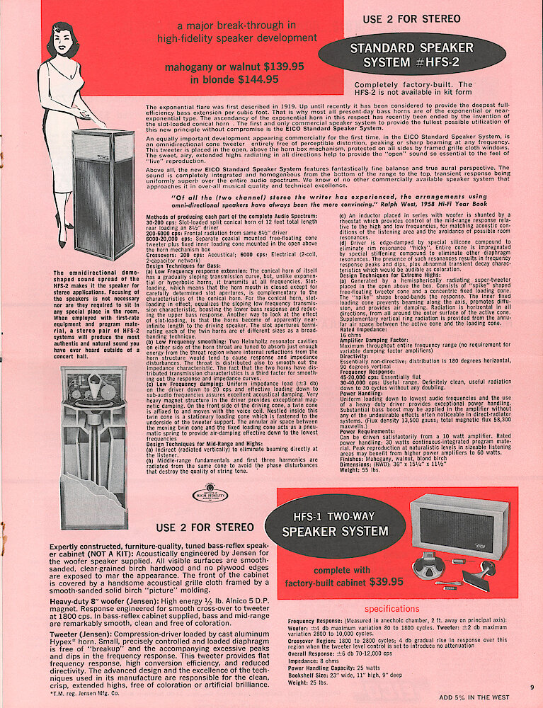 Eico 1958 Catalog, 20 pages > 9. HFS-1 Two-way Speaker And HFS-2 Omnidirectional Speaker With Conical Bass Horn.