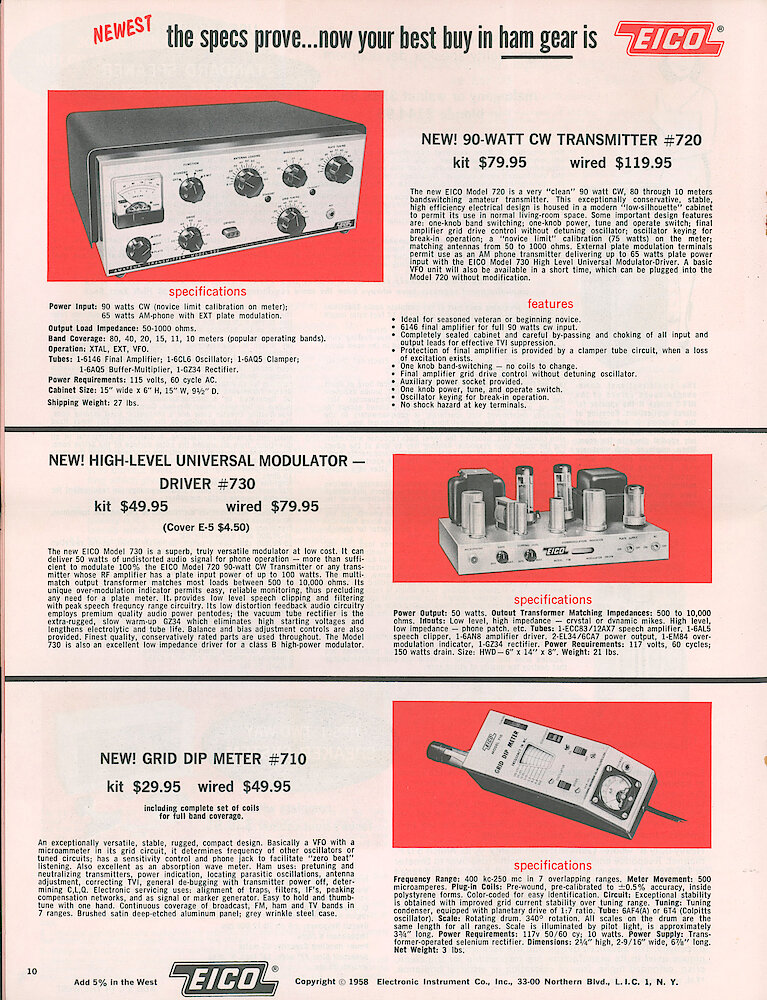 Eico 1958 Catalog, 20 pages > 10. 720 90-watt Transmitter, 730 Universal Modulator Driver, 710 Grid Dip Meter.