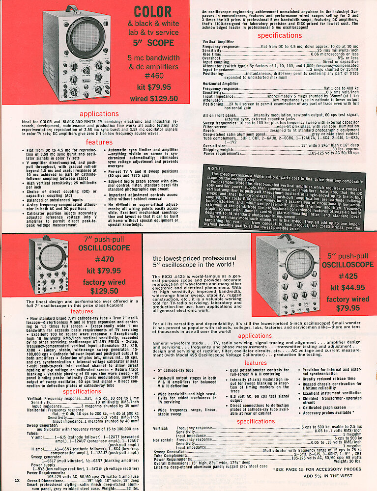 Eico 1958 Catalog, 20 pages > 12. Oscilloscopes 460, 470 And 425.