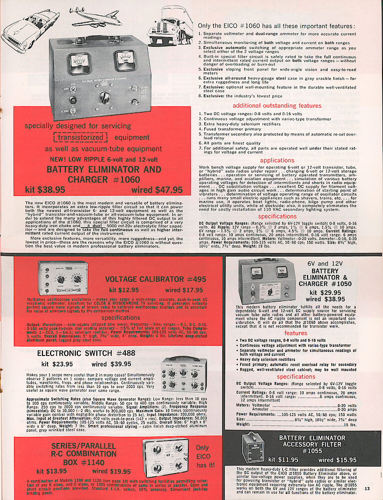 Eico 1958 Catalog, 20 pages > 13. Battery Eliminator And Charger 1060 And 1050, Voltage Calibrator 495, Electronic Switch 488 And Series/parallel R-C Combination 1140.