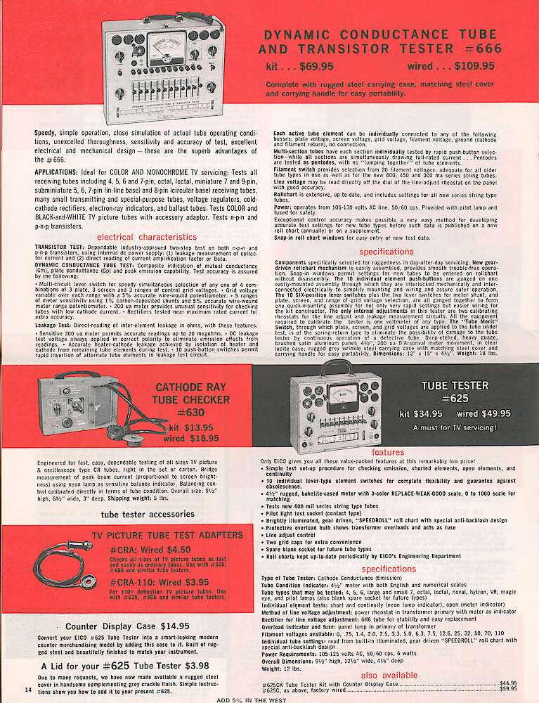 Eico 1958 Catalog, 20 pages > 14. Tube Testers 666 And 625, Cathode Ray Tube Checker 630, Picture Tube Test Adapters CRA And CRA-110.