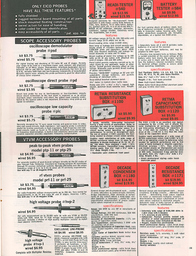 Eico 1958 Catalog, 20 pages > 15. Scope Probes, Readi-tester 540, Battery Tester 584, Resistance Substitution Box 1100, Capacitance Substitution Box 1120, Decade Condenser Box 1180, Decade Resistance Box 1171
