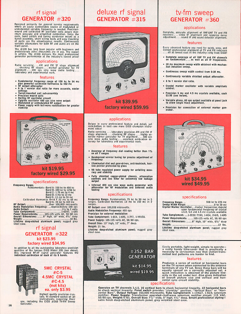 Eico 1958 Catalog, 20 pages > 16. RR Signal Generators 320, 322 And 315, TV-FM Sweep Generator 360, Bar Generator 352.