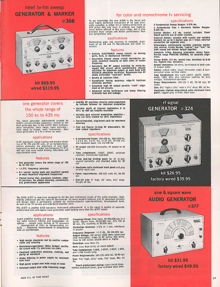 Eico 1958 Catalog, 20 pages > 17. RF Generator 324, TV-FM Sweep Generator And Marker 368, Audio Generator 377.