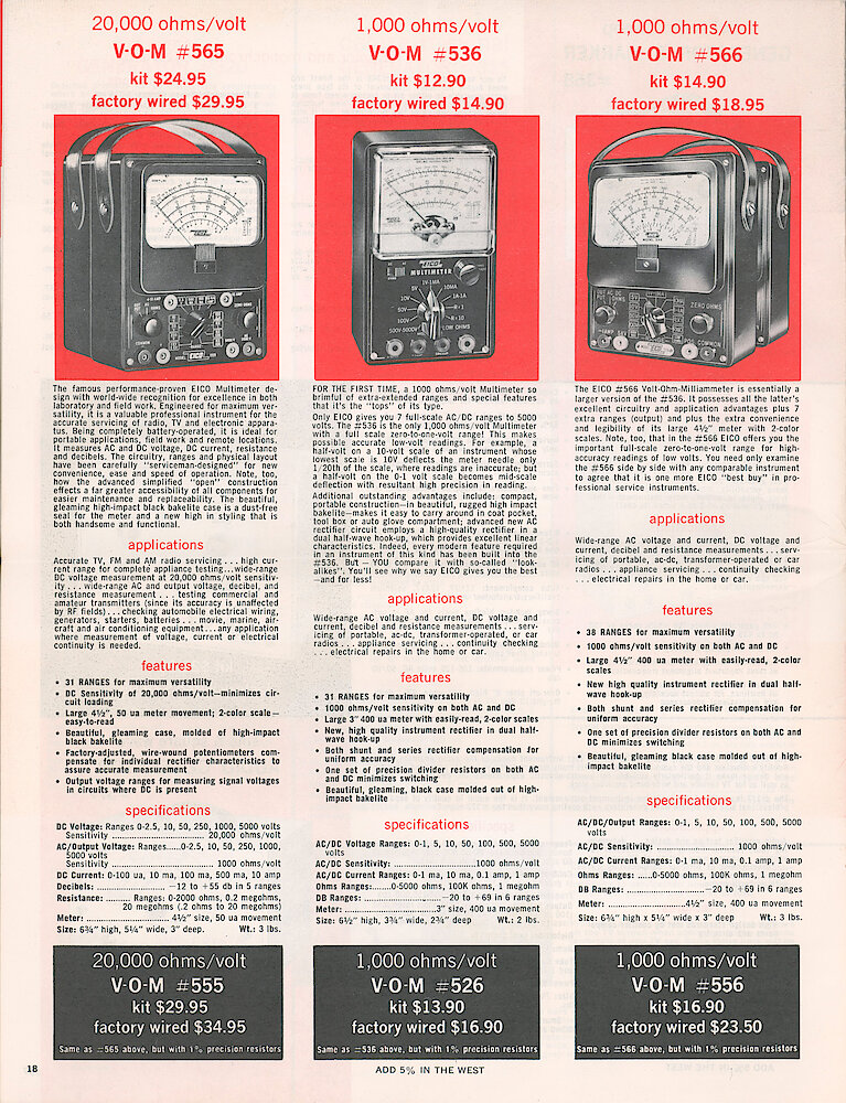 Eico 1958 Catalog, 20 pages > 18. V-O-M (volt Ohm Meter) 565, 536 And 566.