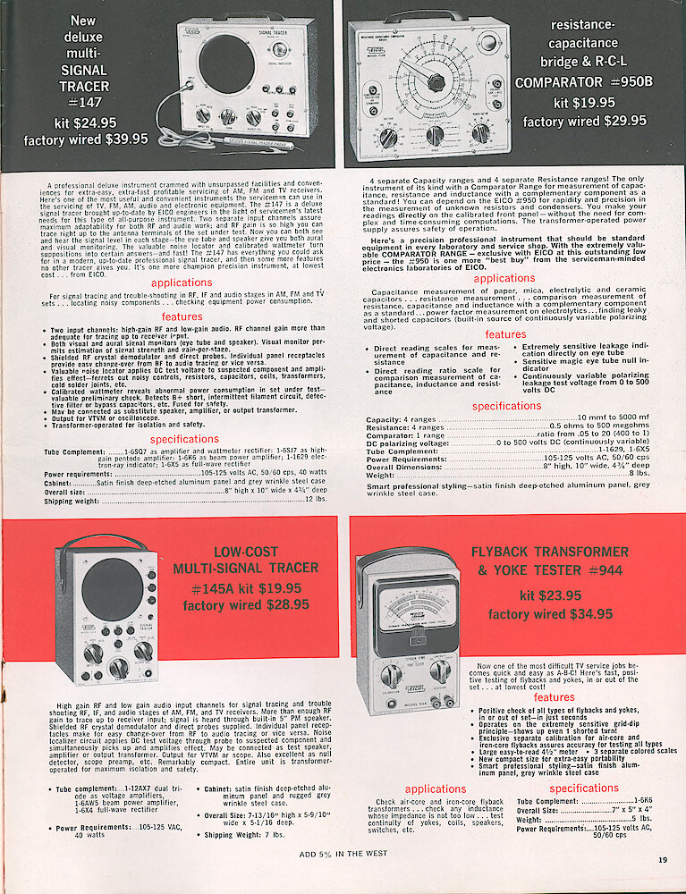 Eico 1958 Catalog, 20 pages > 19. Signal Tracer 147, 145A, Resistance-capacitance Bridge 950B, Flyback Transformer And Yoke Tester 944.