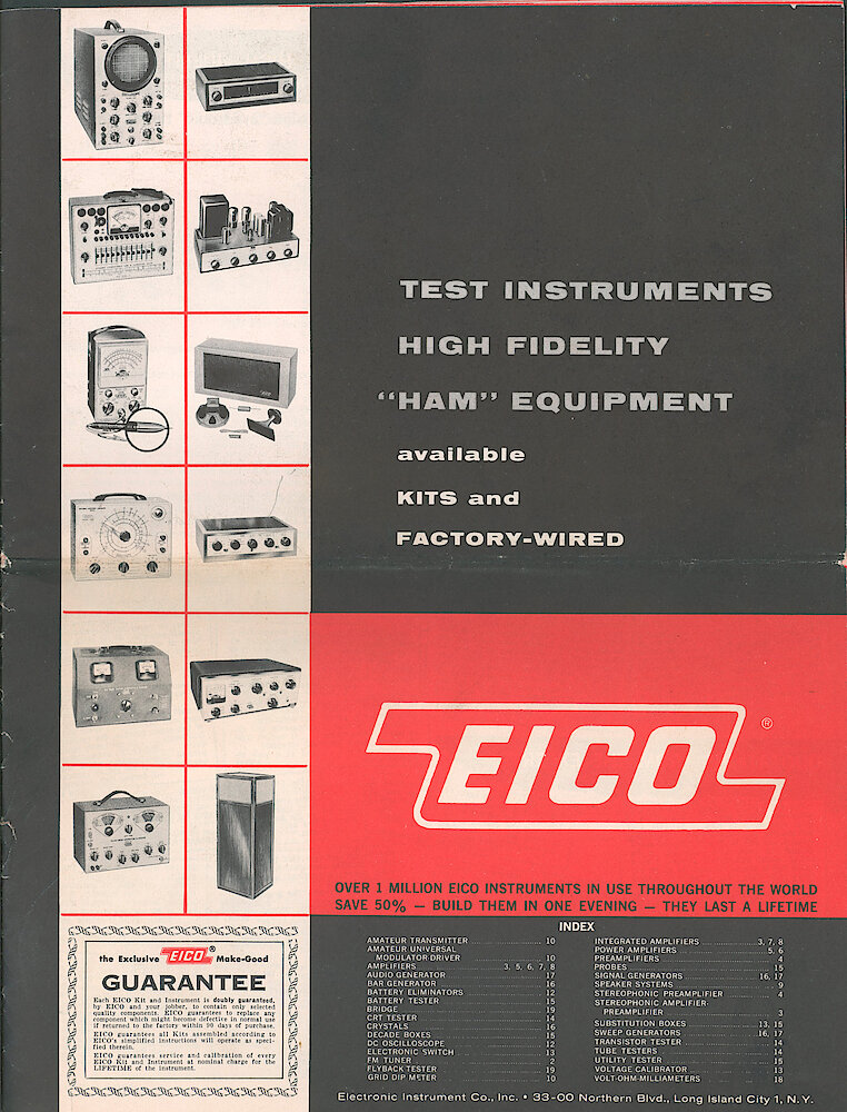 Eico 1958 Catalog, 20 pages > F. Index, Guarantee. "Over 1 Million Eico Instruments In Use Throughout The World."