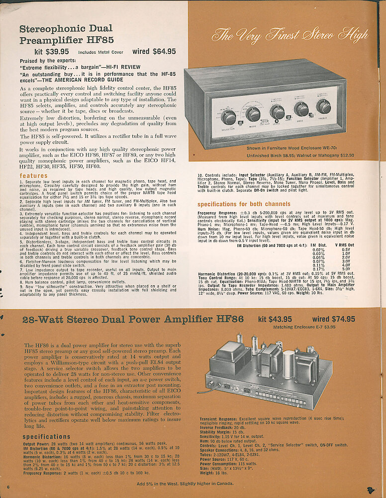 Eico 1961 Catalog, 28 pages > 6. HF-85 Stereo Preamplifier, HF-86 Stereo Power Ampllifier.