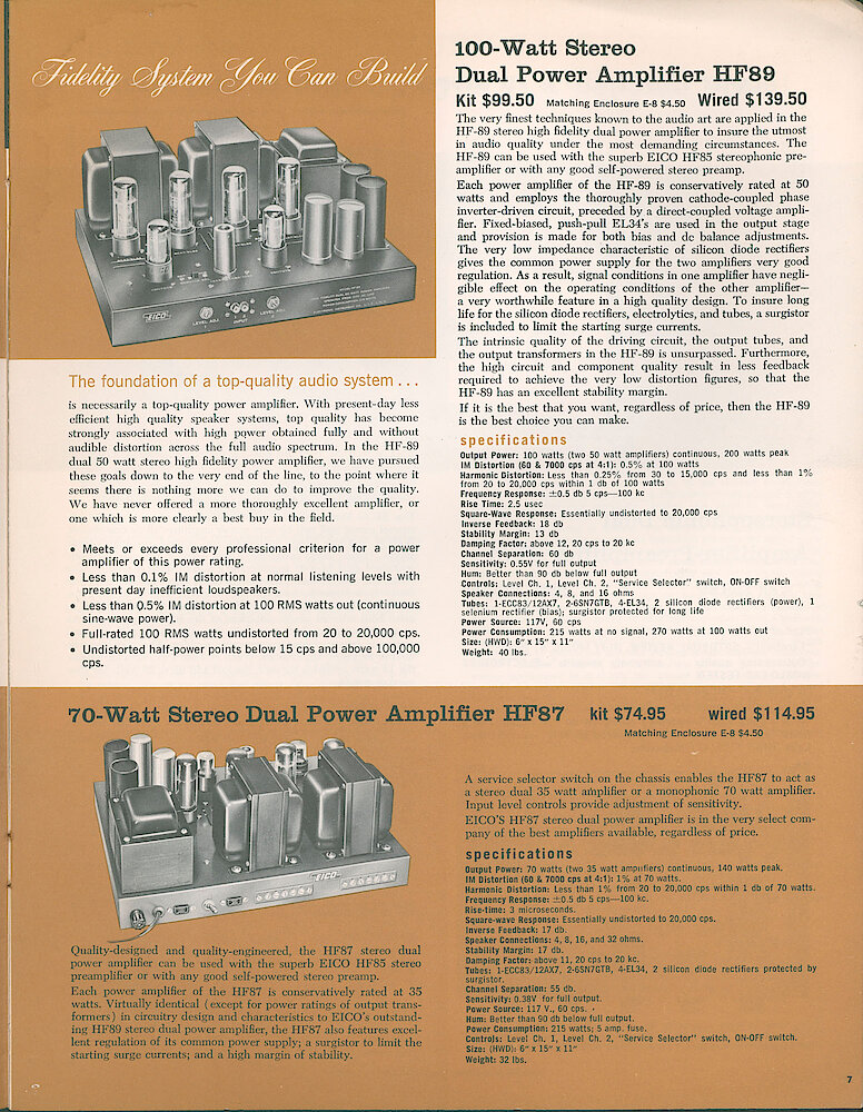 Eico 1961 Catalog, 28 pages > 7. Hf-89 100 (50 - 50) Watt Stereo Amplifier, HF-87 70 (35- 35) Watt Stereo Amplifier.