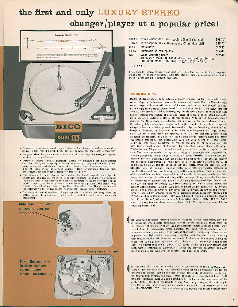 Eico 1961 Catalog, 28 pages > 9. Eico-Dual Stereo Changer/player 1007 D Or 1007 S, Optional Metal Base Or Mounting Board.