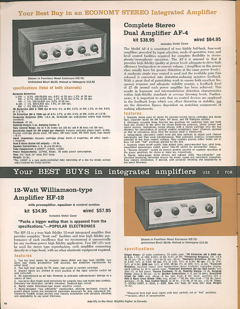 Eico 1961 Catalog, 28 pages > 10. AF-4 Integrated Stereo Amplifier, HF-12 Integrated Mono Amplifier.