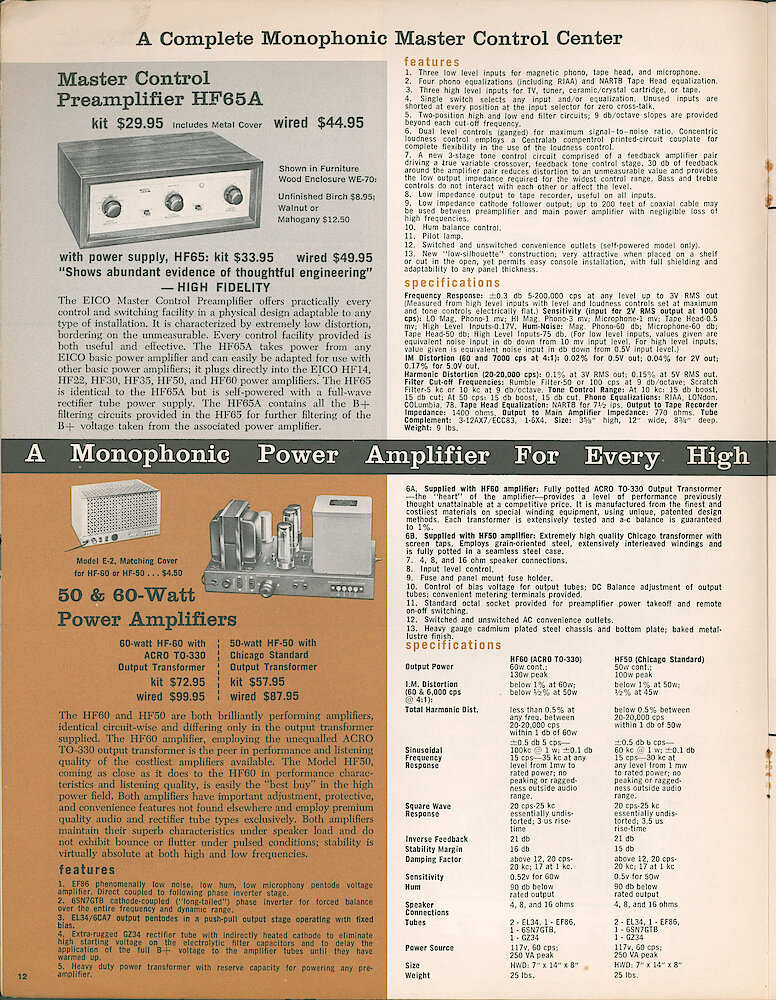 Eico 1961 Catalog, 28 pages > 12. HF-65A And HF-65 Monophonic Preamplifiers, HF-50 And HF-60 Monophonic Power Amplifiers.