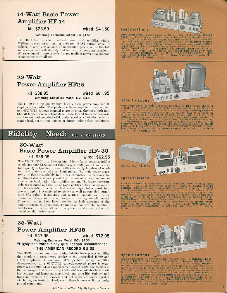 Eico 1961 Catalog, 28 pages > 13. HF-14, HF-22, HF-30 And HF-35 Monophonic Power Amplifiers.