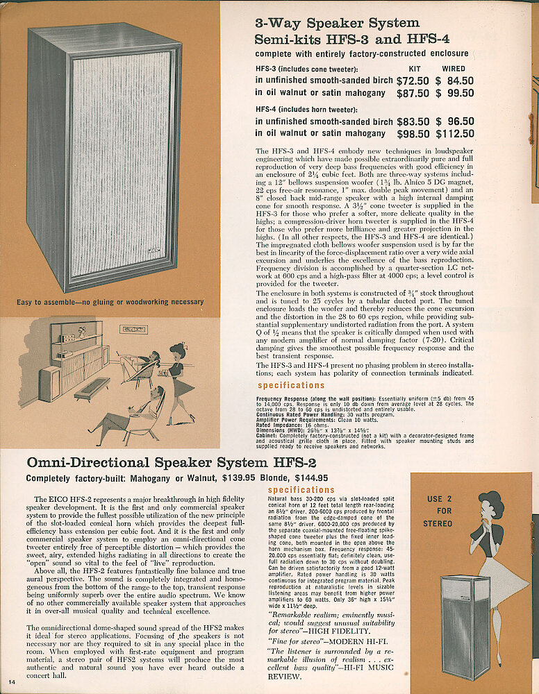 Eico 1961 Catalog, 28 pages > 14. 3-way Speakers Systems HFS-3 And HFS-4, Omni-directional Speaker System With Conical Bass Horn HFS-2